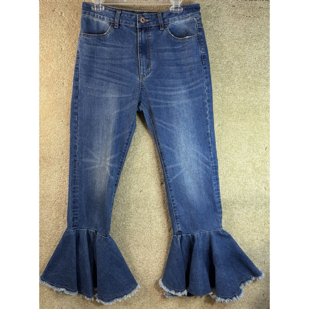 Dance & Marvel Ruffle Hem Flare Jeans Medium Wash High Rise Fringe DMP1549